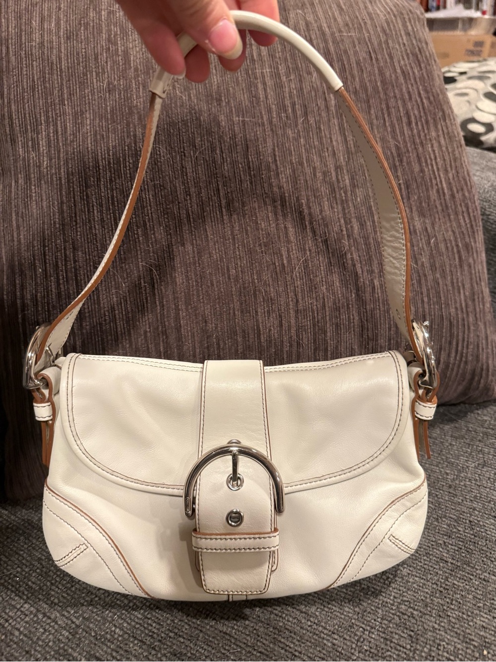 Coach Elegant Cream Leather SoHo Shoulder Bag with Silver Buckle Detail